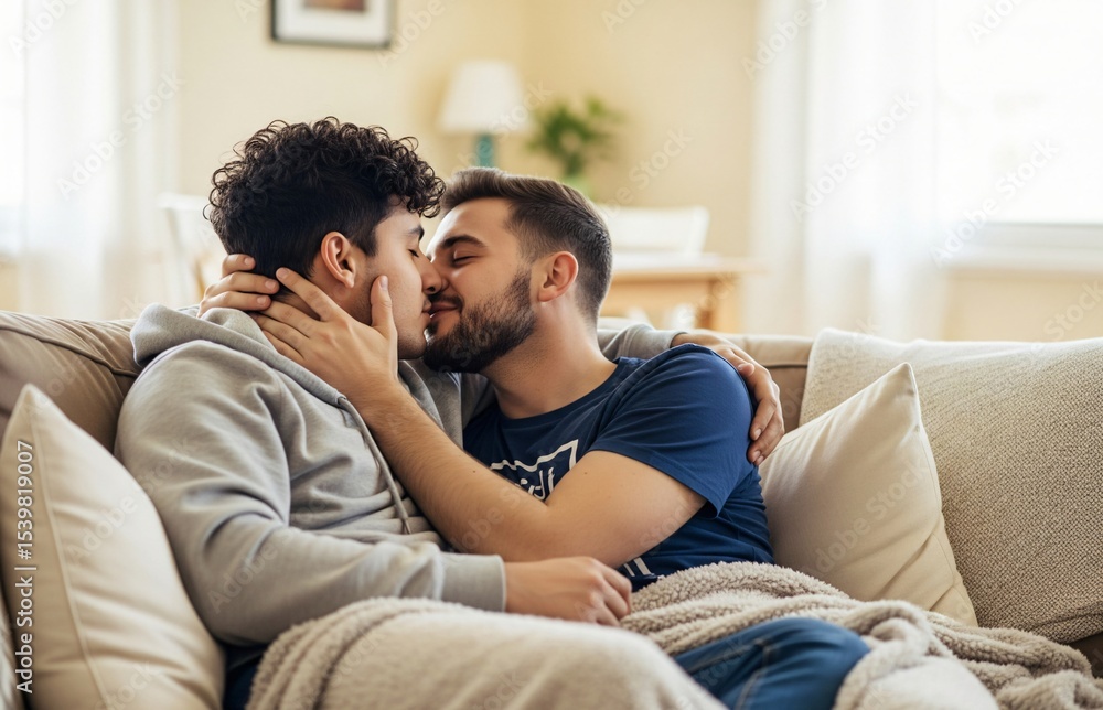 Two men kissing under an umbrella in the rain, cinematic and heartfelt moment representing International Kissing Day Two men kissing under an umbrella in the rain, cinematic and heartfelt moment representing International Kissing Day