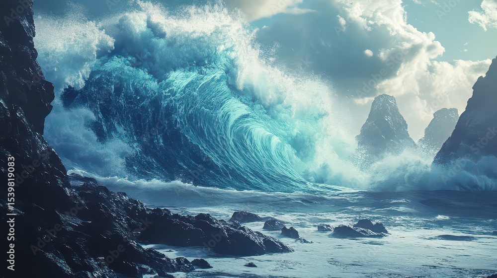 Fototapeta premium A massive wave crashing near a rocky shore with mountains in the background under a cloudy sky