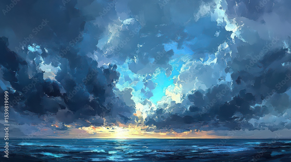 Fototapeta premium A digital painting of a seascape with dramatic clouds and a bright light source on the horizon