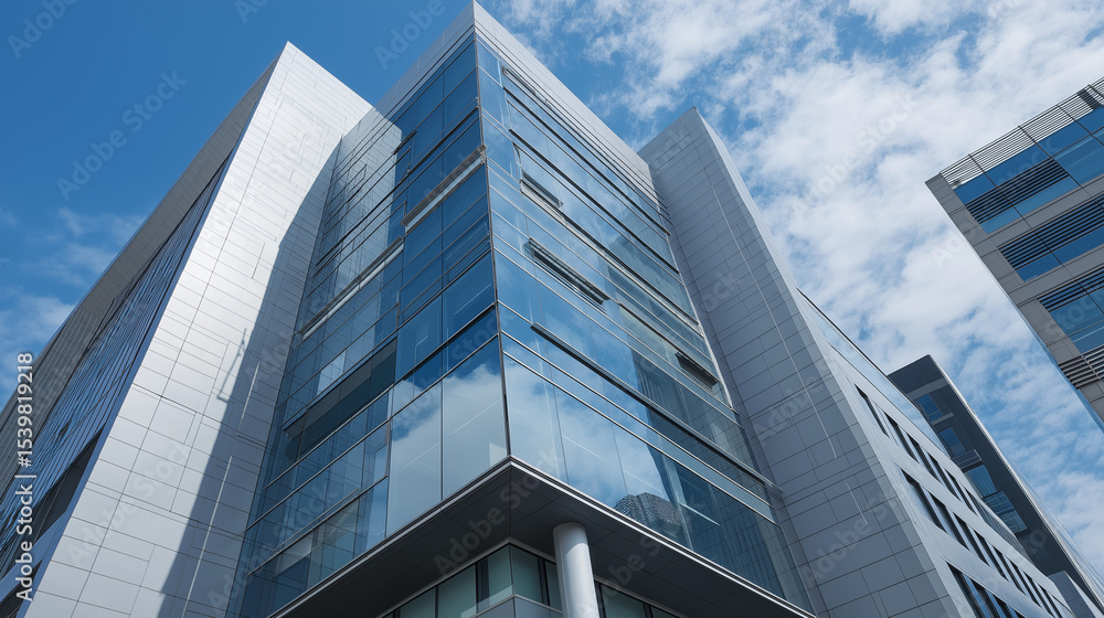 Obraz premium Modern glass office tower with clean lines in a business district, symbolizing professionalism and urban sophistication.