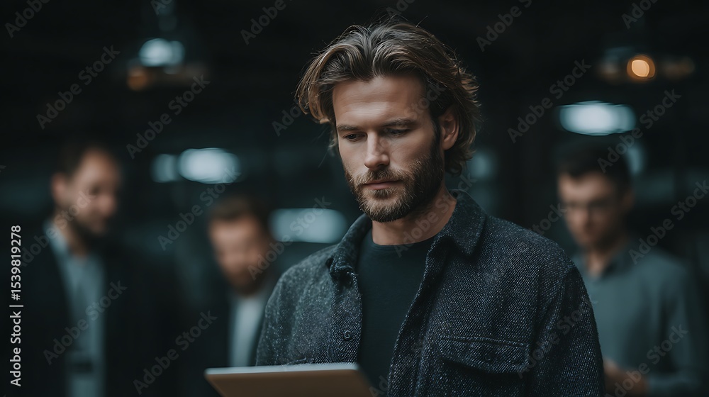 Fototapeta premium Team reviews data on tablet