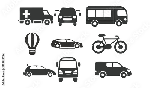 Transportation icons set black and white vehicles