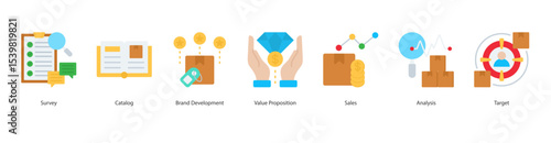Brand Development banner web icon set vector illustration concept with icon of survey, catalog, brand development, value proposition, sales, analysis, target