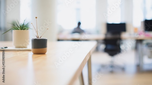 Small round pot with dark gray and light brown tones on wooden desk, holding thin stems with fluffy white flowers, beside larger white pot with green succulent, 