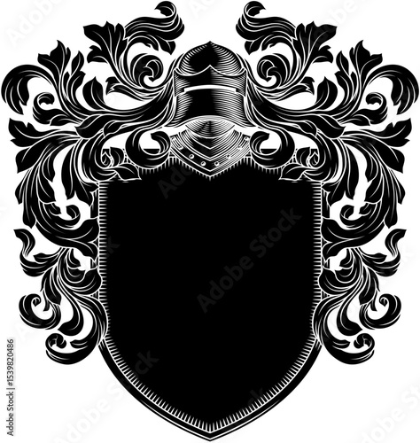Coat of arms crest knight family medieval shield heraldry heraldic armorial motif. Featuring a knights helm helmet in a vintage etching engraving woodcut style