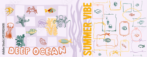 Summer vibe, underwater world. Modern poster including cute linear illustrations on the theme of the ocean, seaside vacation, underwater inhabitants, corals and algae in a bright cartoon style.