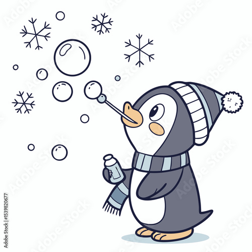 Cute Loving Penguin, accessorized with blowing bubbles, in a Cozy winter world – Frosty Winter palette vector
