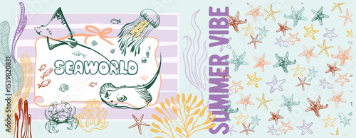 Summer vibe, underwater world. Modern poster including cute linear illustrations on the theme of the ocean, seaside vacation, underwater inhabitants, corals and algae in a bright cartoon style.