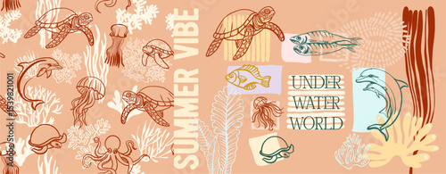 Summer vibe, underwater world. Modern poster including cute linear illustrations on the theme of the ocean, seaside vacation, underwater inhabitants, corals and algae in a bright cartoon style.