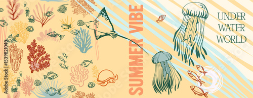 Summer vibe, underwater world. Modern poster including cute linear illustrations on the theme of the ocean, seaside vacation, underwater inhabitants, corals and algae in a bright cartoon style.
