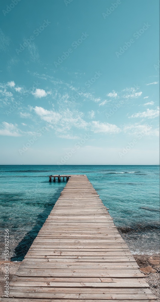 Obraz premium Serene wooden pier extending into a calm, turquoise ocean under a vibrant blue sky dotted with fluffy white clouds