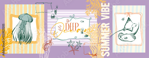 Summer vibe, underwater world. Modern poster including cute linear illustrations on the theme of the ocean, seaside vacation, underwater inhabitants, corals and algae in a bright cartoon style.