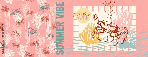 Summer vibe, underwater world. Modern poster including cute linear illustrations on the theme of the ocean, seaside vacation, underwater inhabitants, corals and algae in a bright cartoon style.