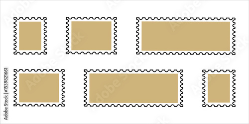 Set of blank postage stamp frames in black and gold colors. Vector rectangular templates with perforated edges for mail, labels, scrapbooking, vintage design, and decorative layout.