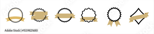 Set of blank award badges with geometric frames and golden ribbons. Vector outline emblems for certificates, labels, branding, and quality product design in minimal flat style.