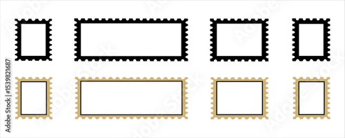 Set of blank postage stamp frames in black and gold colors. Vector rectangular templates with perforated edges for mail, labels, scrapbooking, vintage design, and decorative layout.