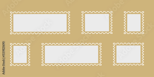 Set of blank postage stamp frames in black and gold colors. Vector rectangular templates with perforated edges for mail, labels, scrapbooking, vintage design, and decorative layout.