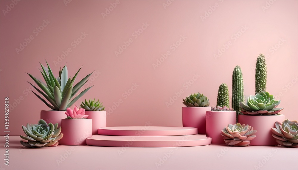 Fototapeta premium Empty pink podiums on a pale pink background with succulents in pastel ceramic pots. Generated image