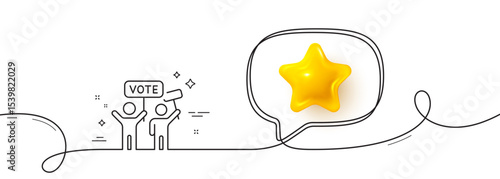 Voting campaign line icon. Continuous line with 3d star. People rally with signs. Public election symbol. 3d star in speech bubble. Voting campaign single line ribbon. Loop curve pattern. Vector