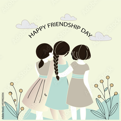 Happy friendship day greeting card with three kids child friends background