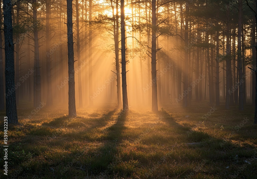 Obraz premium Golden Sunlight Pierces Through Forest Trees Creating Dramatic Shadows and Light Beams.