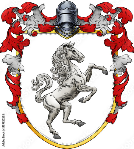 A horse coat of arms or crest family heraldry medieval heraldic knight shield with helmet and acanthus filigree scroll ornament in a vintage woodcut style.