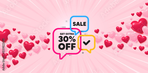 Sale 30 love banner with 3d hearts. Sunburst flare background. Sale 30 percent banner. Discount sticker shape. Coupon bubbles icon. Valentines day greeting card. Vector