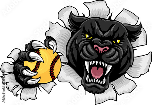 Black panther leopard or jaguar cat softball sports team mascot holding a ball