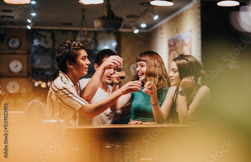 Fotografia A group of young friends share laughter and happiness during a fun night out at a vibrant bar, creating joyful memories together