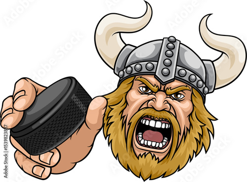 An angry Viking cartoon character holding hockey puck ice hockey sports team mascot illustration.