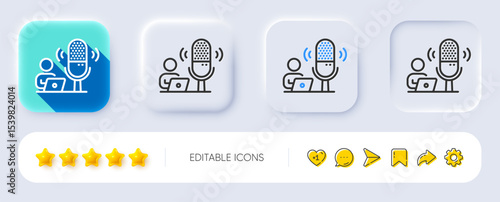 Podcast line icon. Neumorphic, Flat shadow, 3d buttons. Studio mic sign. Voice record microphone symbol. Line podcast icon. Social media icons. Vector