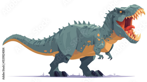 A stylized cartoon illustration of a Tyrannosaurus Rex dinosaur. The T-Rex is depicted in a side profile view, with its mouth open in a roar.  The color palette consists mainly of teal and orange