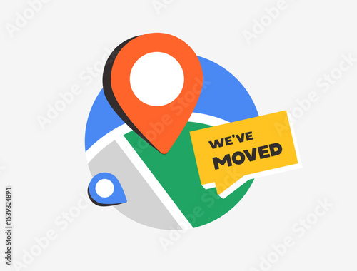 We have moved vector illustration. We've moved announcement sign and moving relocation icons and banner design with map pointer and house concept. We have moved isolated on white vector illustration