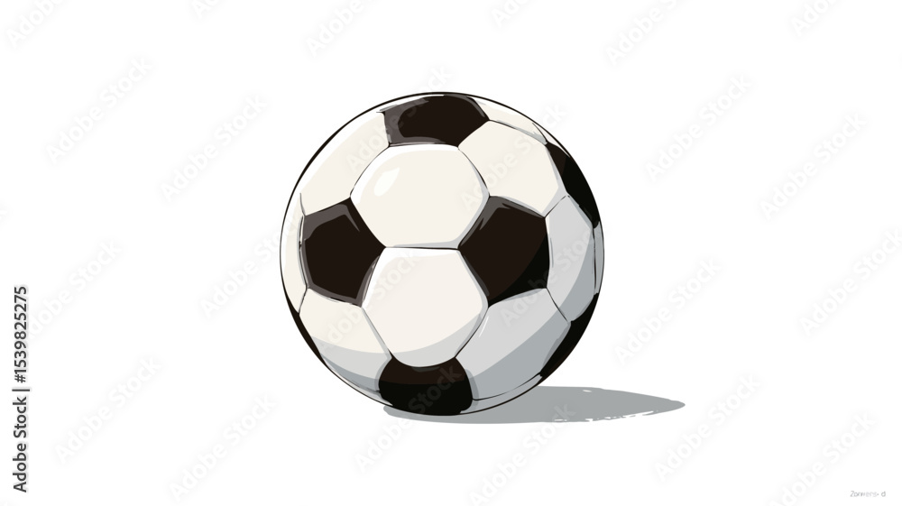 Fototapeta premium A digital illustration of a classic black and white soccer ball. The ball is depicted in a slightly cartoonish style with a simple shadow cast below. The background is pure white. 