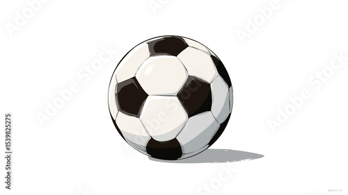 A digital illustration of a classic black and white soccer ball.  The ball is depicted in a slightly cartoonish style with a simple shadow cast below.  The background is pure white. 
