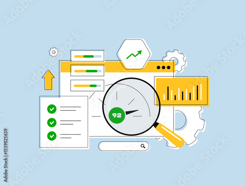Content optimization process with search keyword analysis, readability score, quality links and SEO checklist. Content optimization strategy seo planning. Flat design outline vector illustration