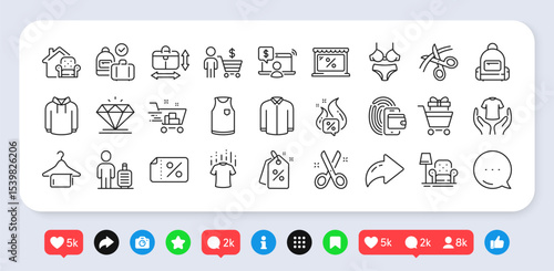 Shopping trolley, Handbag size and Diamond line icons pack. Social media: share, comment, like icons. Wallet, Shirt, Cut web icon. Hold t-shirt, Carry-on baggage, Buyer pictogram. Vector