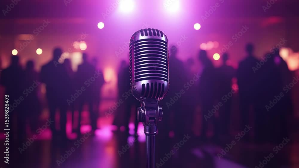 A retro microphone stands in focus while a crowd gathers in the background at a music event featuring purple lighting