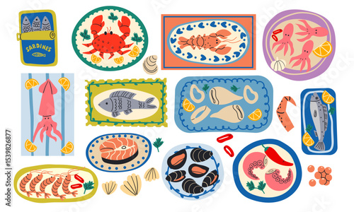 Seafood meals set in cartoon style. Squid, shrimp, calamari, fish, mussels with lemon, on plate. Isolated vector illustration. Hand drawn Mediterranean sea food , summer vibe