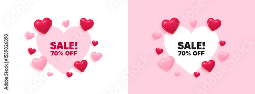 Sale heart shaped banner. 3d flying hearts. Sale 70 percent off discount. Promotion price offer sign. Retail badge symbol. Valentines day greeting card. Cute 3d love hearts. Vector