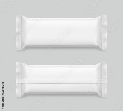 Realistic flow packaging mockup for bars, candies, waffles. Front and back views. Vector illustration on white background. Easy to use for presentation your product, idea, design. EPS10.