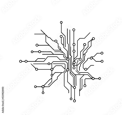 Circuit Board Line Art: Abstract monochrome vector illustration of a complex circuit board design, showcasing interconnected lines and nodes on a white background.