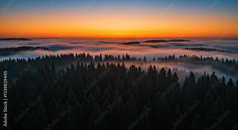 Obraz premium Serene Sunset Over Foggy Forest Aerial View.