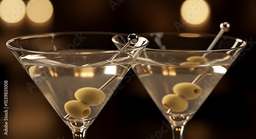 Wallpaper Mural Closeup of a celebratory toast with martini glasses, olives visible and glass rims catching light, smooth detail and clean composition, luxury evening setting,  Torontodigital.ca