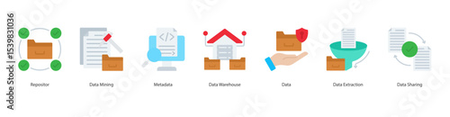 Data Infrastructure banner web icon set vector illustration concept with icon of repositor, data mining, metadata, data warehouse, data, data extraction, data sharing