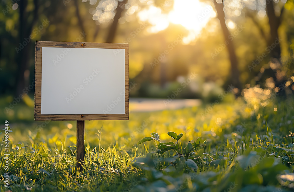 Naklejka premium Blank yard sign on green grass sunny day. White empty sign for marketing message. Blank yard sign mockup near park walking path. Advertisement, promotion outdoor.