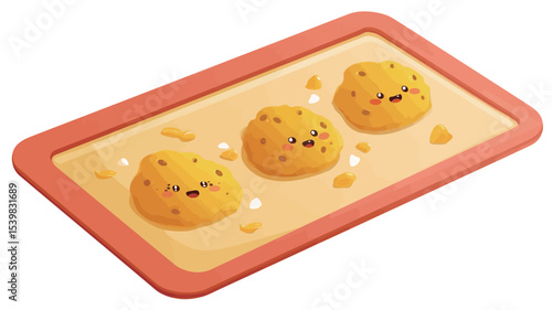 Isometric illustration of three cartoon-like, golden-yellow baked goods arranged on a rectangular, orange-rimmed baking sheet. The goods have small, dark features suggesting eyes and a mouth,