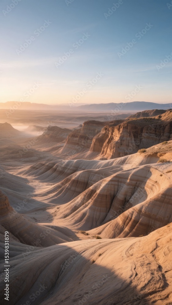 Naklejka premium Sandy Badlands at Dawn with Soft Lighting and Layered Formations