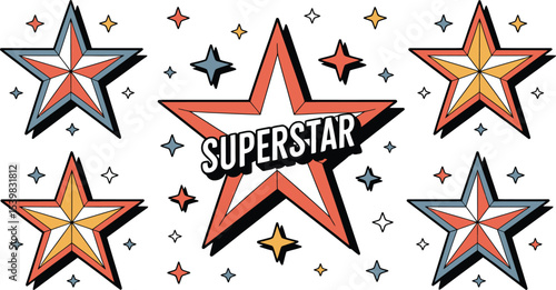 Retro superstar design featuring colorful stars and a central superstar text graphic illustration