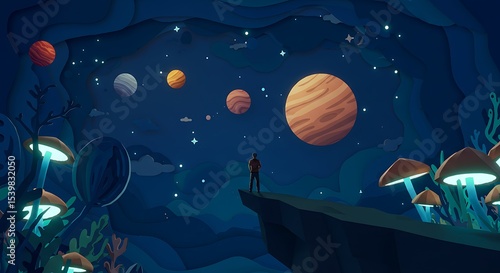 Surreal Cave Landscape with Glowing Mushrooms and Planets